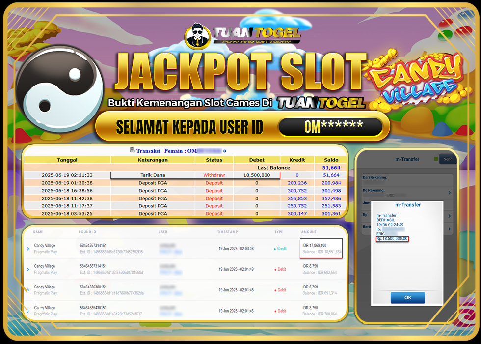 TUANTOGEL JACKPOT SLOT CANDY VILLAGE Rp18.500.000, - LUNAS